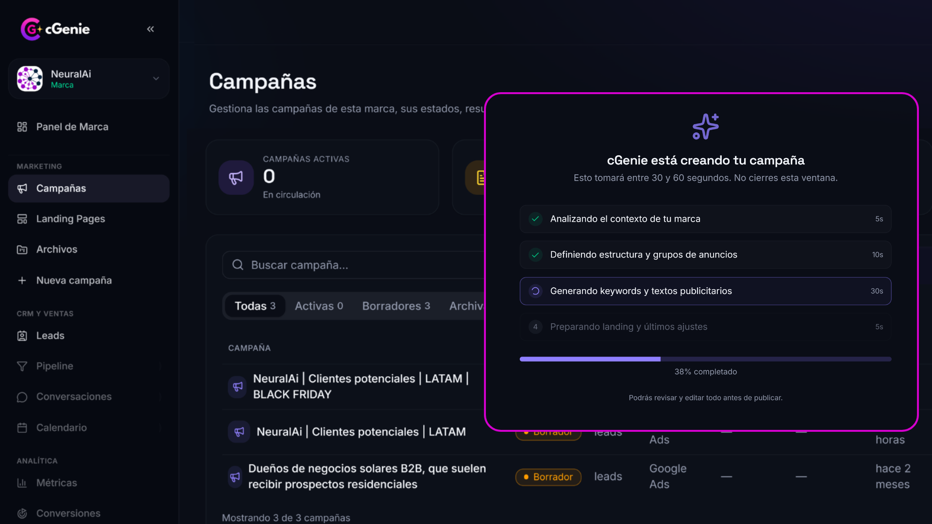 Panel de campañas de cGenie